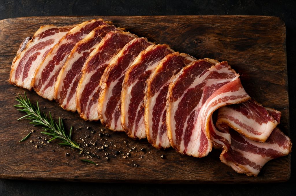 Thick cut applewood smoked Vande Rose Farms bacon slices fanned on a walnut board, where to buy Vande Rose bacon direct from the farm