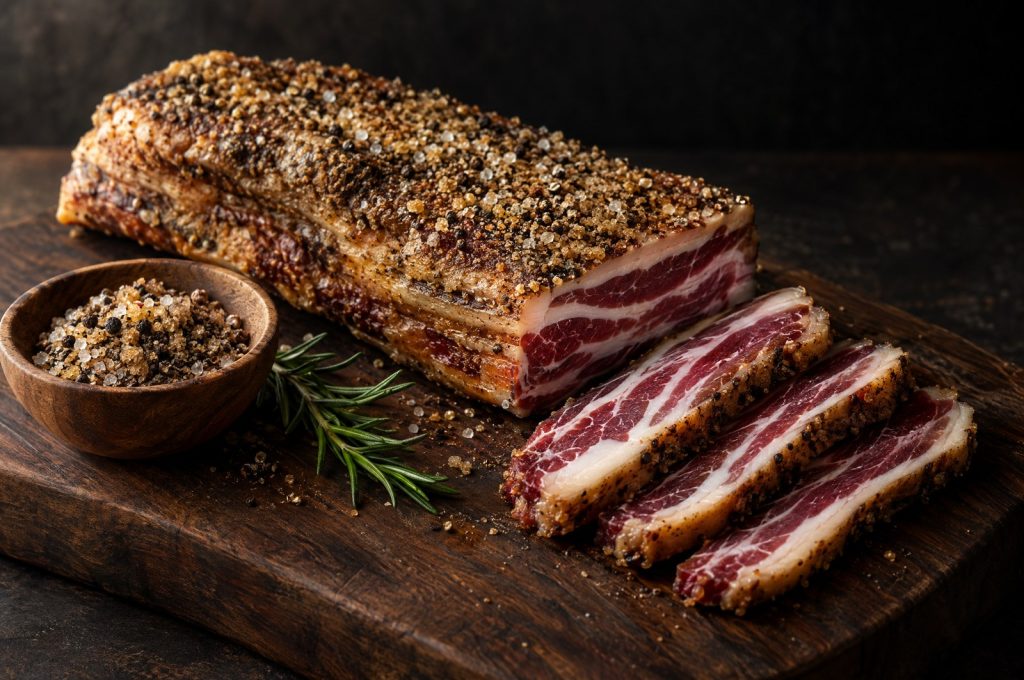 Dry cured bacon: a cured pork belly slab with salt and pepper cure and three thick raw slices on a dark walnut board