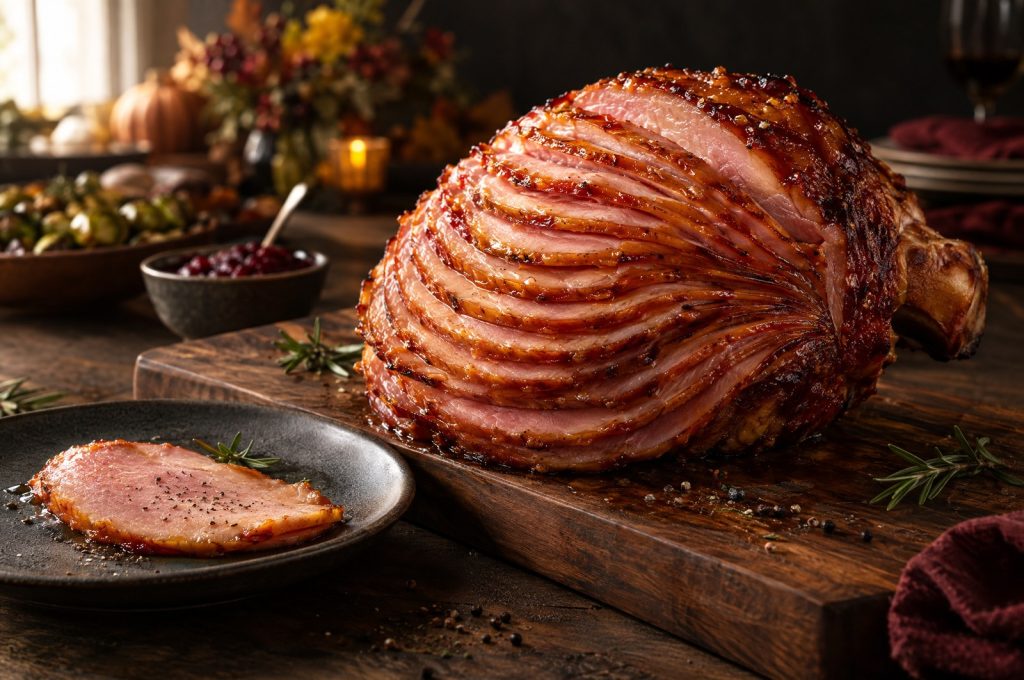 How to cook a spiral ham: glazed spiral sliced Heritage Duroc ham on a carving board at a Thanksgiving table