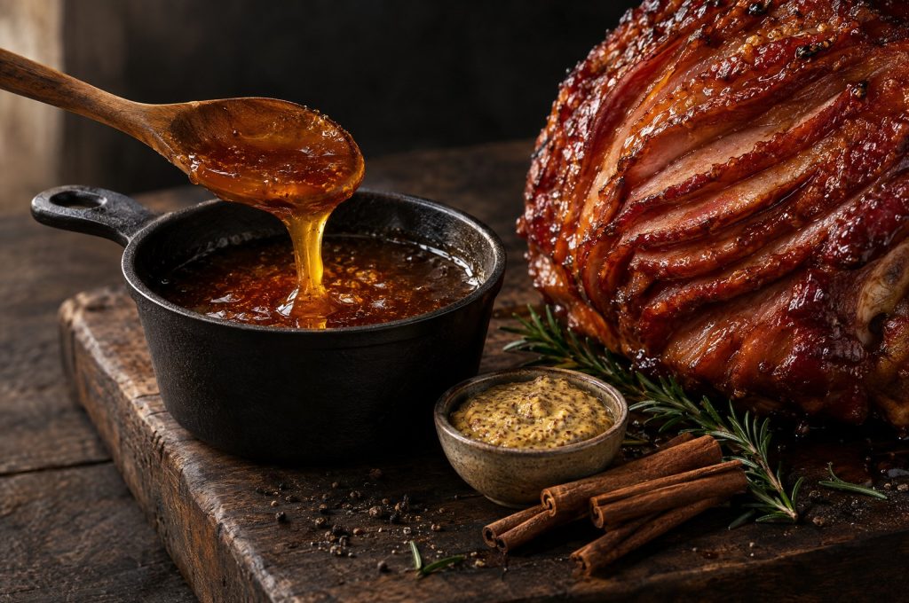Brown sugar spiral ham glaze in a cast iron pan with a wooden spoon beside a glazed spiral sliced ham
