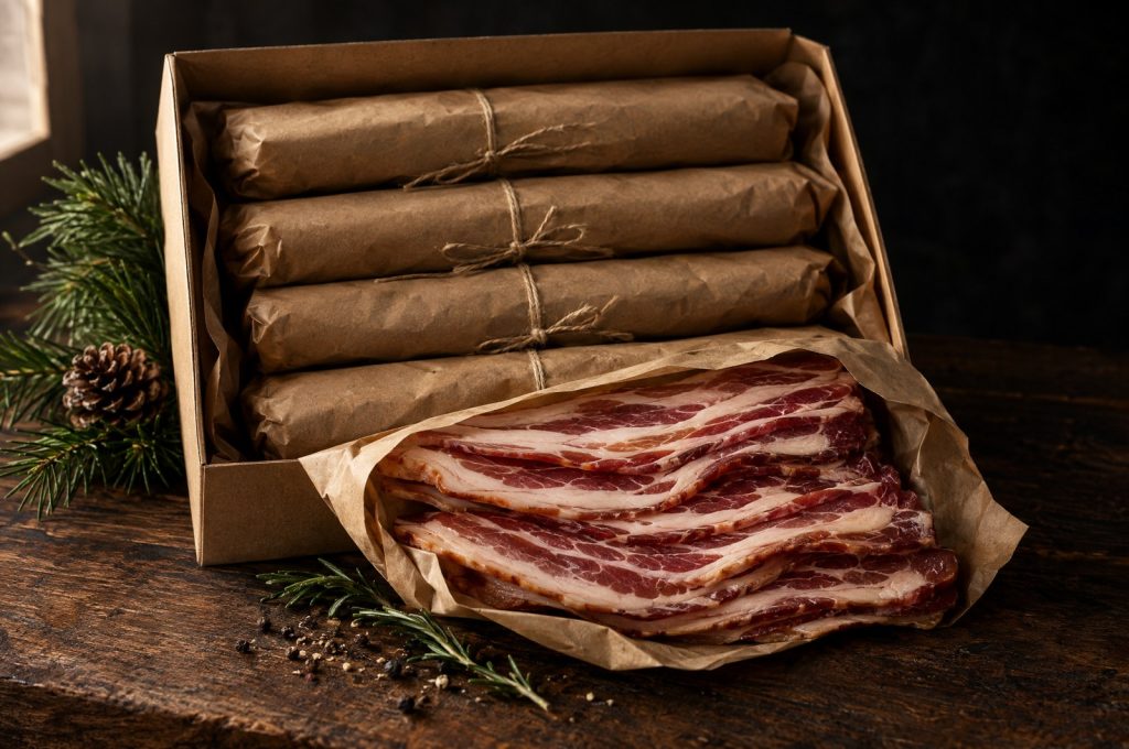 Bacon gift box ideas: an open kraft gift box of paper wrapped thick cut bacon packs with one pack fanned open