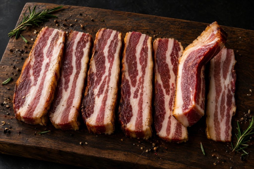 Thick cut bacon slices fanned on a dark walnut board, raw and applewood smoked