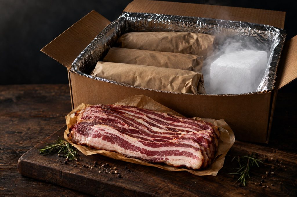 Bacon subscription box: thick cut applewood smoked bacon packs in an open shipping box with dry ice on a walnut board
