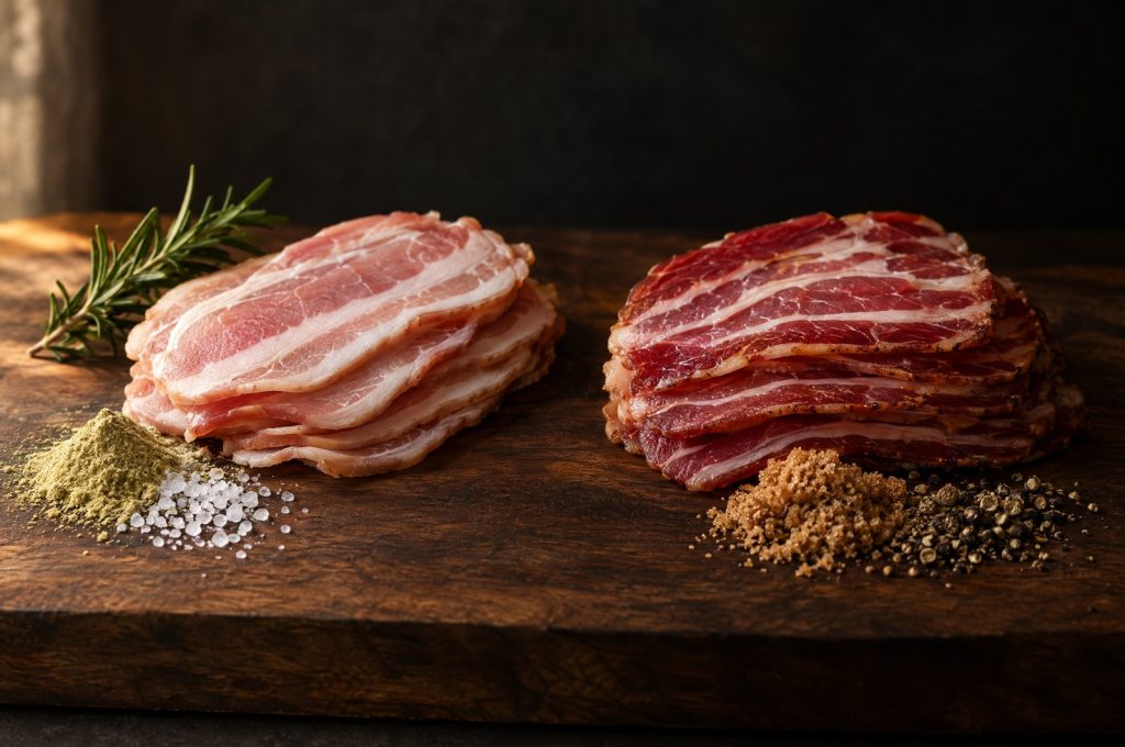 Uncured bacon vs cured bacon: two stacks of raw bacon slices side by side on a dark walnut board