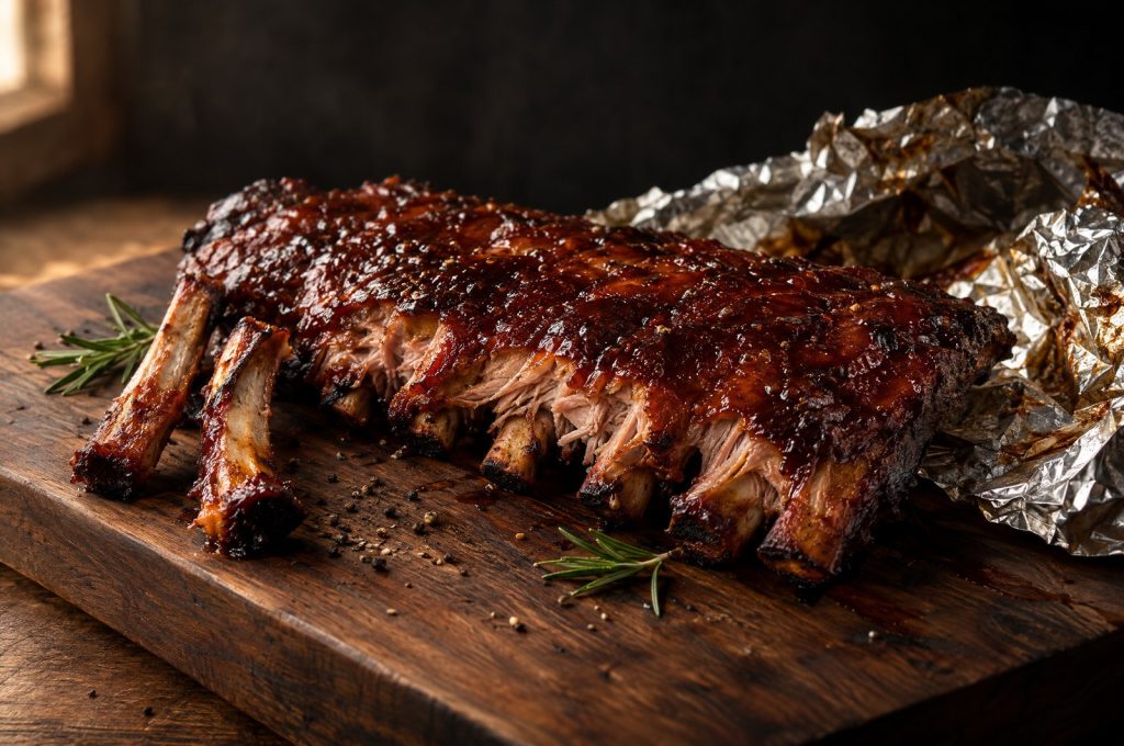 St. Louis ribs in the oven: a sauced rack of St. Louis style ribs on a dark walnut board, fresh from the foil