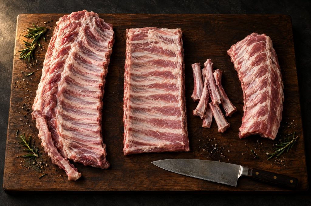 St. Louis ribs vs spare ribs: an untrimmed spare rib rack beside its trimmed St. Louis cut and a baby back rack, raw, on a dark walnut board