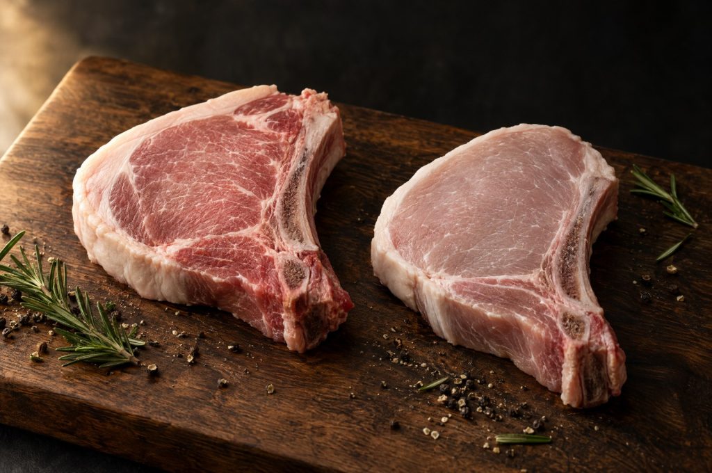 Duroc pork vs regular pork: two raw bone in pork chops side by side, one deeper pink with light marbling and a white fat cap, one pale and lean, on a dark walnut board