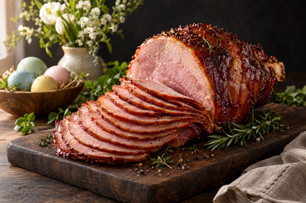 How much ham per person: a spiral sliced Heritage Duroc ham on a carving board with slices fanned for an Easter table