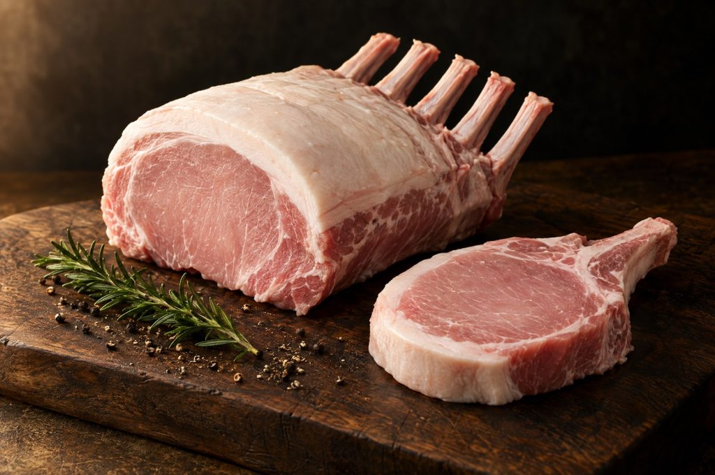 What is heritage pork: a raw bone in heritage Duroc pork loin roast with pale pink meat, a white fat cap, and light marbling on a dark walnut board