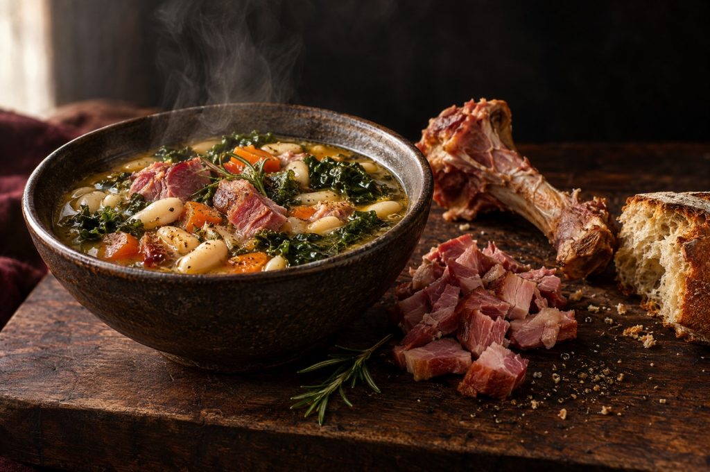 Leftover ham recipes: a bowl of ham and white bean soup beside diced spiral ham on a dark walnut board