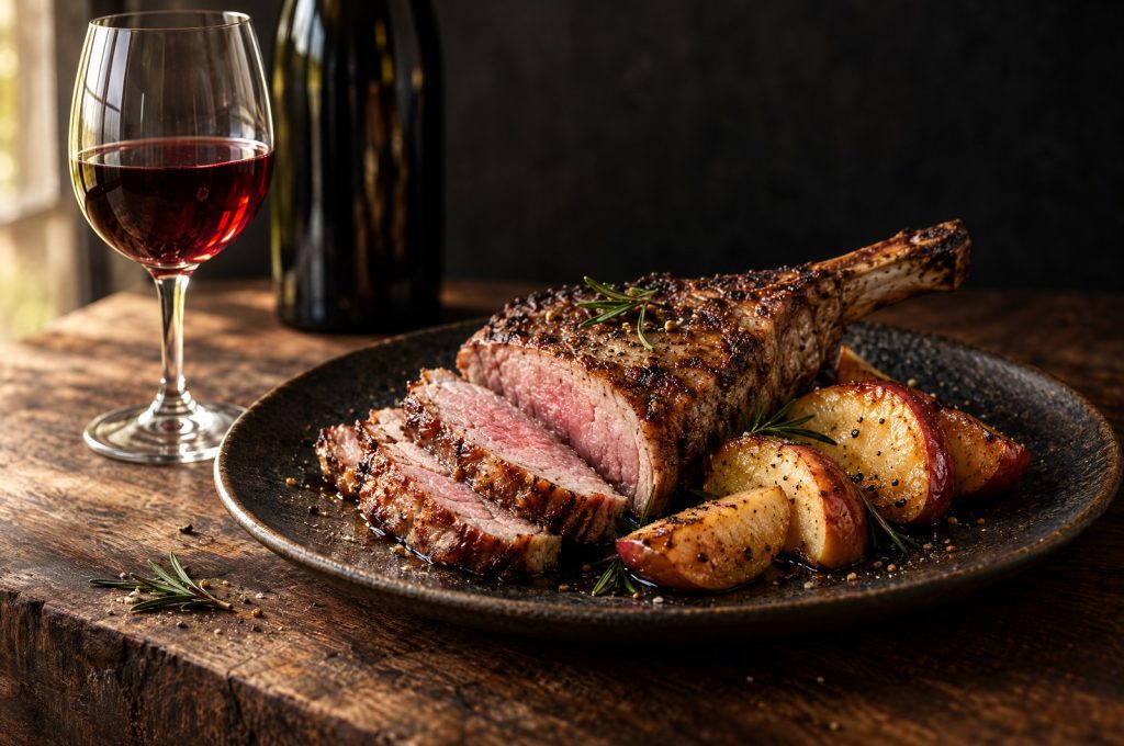 Pork chop wine pairing: a seared bone in heritage pork chop beside a glass of red wine on a dark walnut board