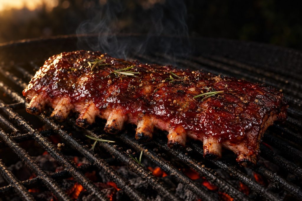 Baby back ribs on the grill: a sauced half rack of baby back ribs on grill grates with light smoke, on a summer evening