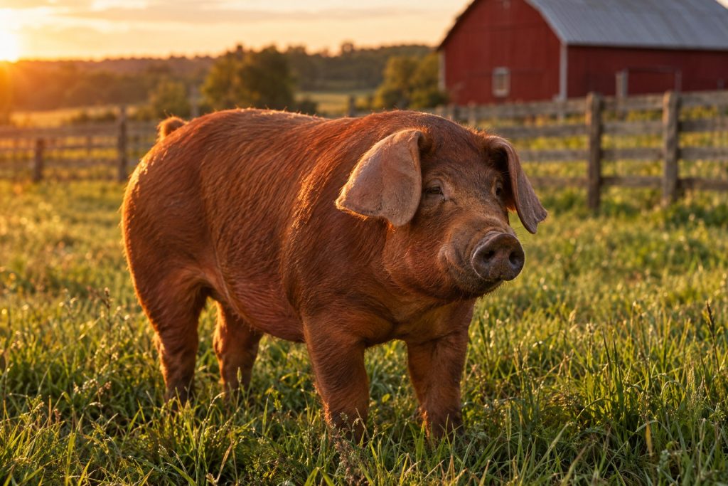 Heritage pig breeds: a red Duroc pig with drooping ears standing in a green pasture at golden hour