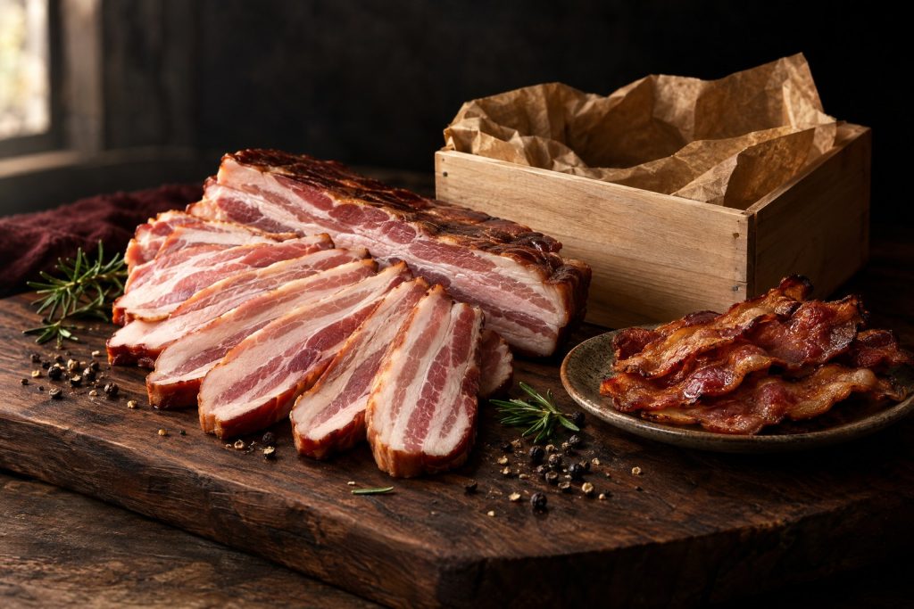 Best bacon brands: thick cut applewood smoked bacon slices fanned on a dark walnut board with cracked pepper and rosemary