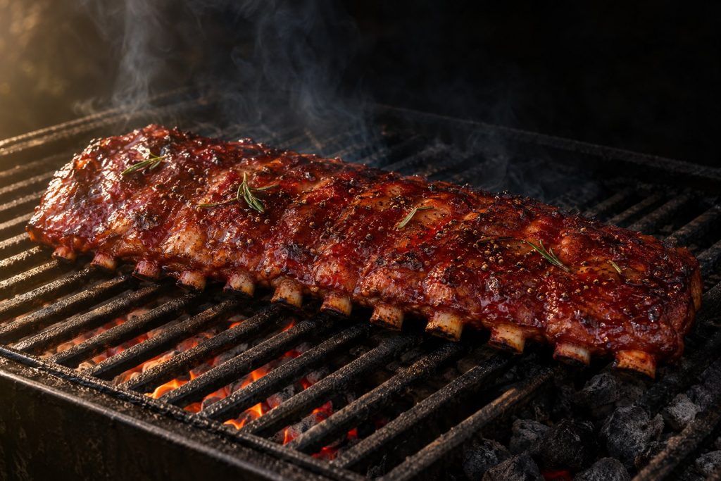 St. Louis ribs on the grill: a sauced full rack of St. Louis style ribs over grill grates with a light wisp of smoke