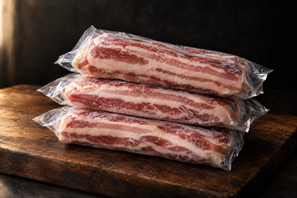 Bacon delivery: frozen vacuum packs of thick cut bacon with frost on a dark walnut board