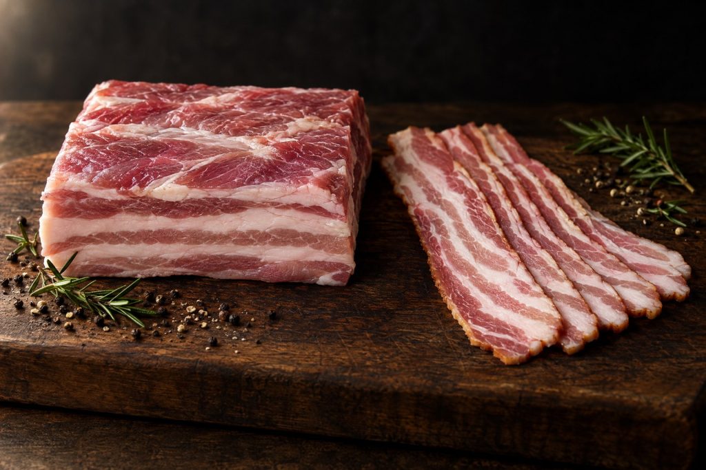 Pork belly vs bacon: a raw skinless pork belly slab beside thick cut applewood smoked bacon slices on a dark walnut board