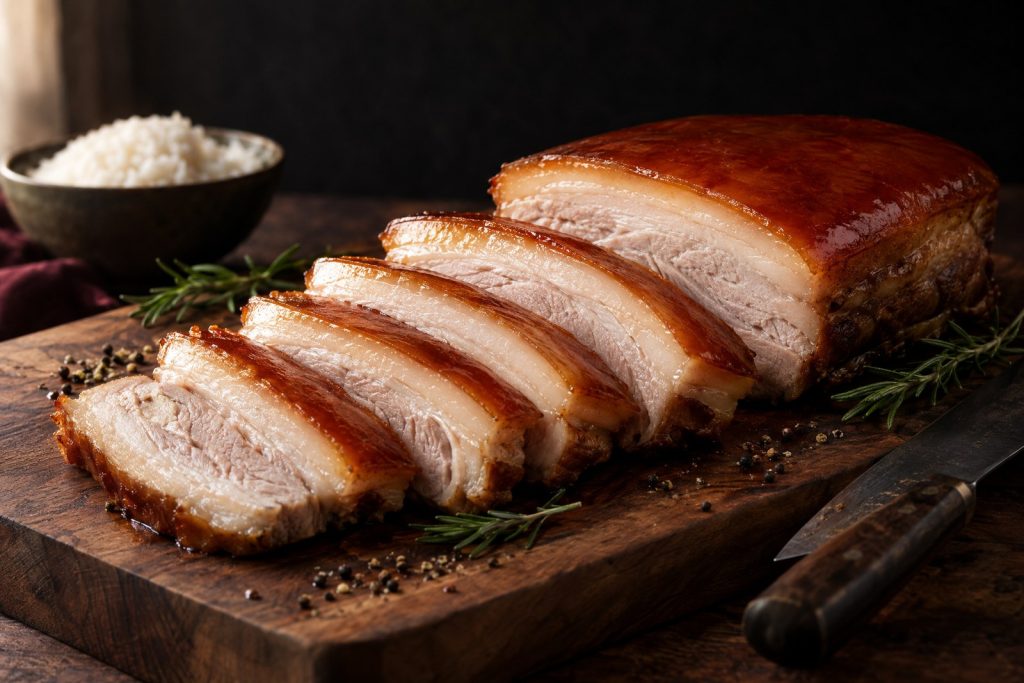 Crispy pork belly recipe: a roasted skinless pork belly with a browned, rendered fat cap, sliced on a dark walnut board