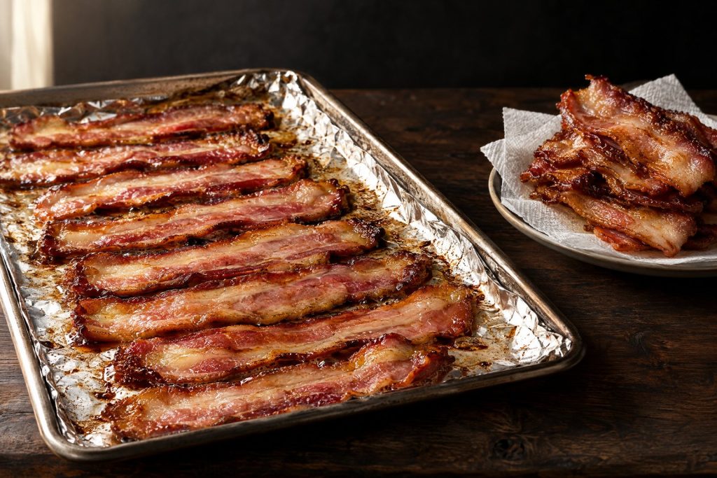 Bacon in the oven: thick cut bacon slices baked on a foil lined sheet pan, browned with crisp edges, on a dark walnut board
