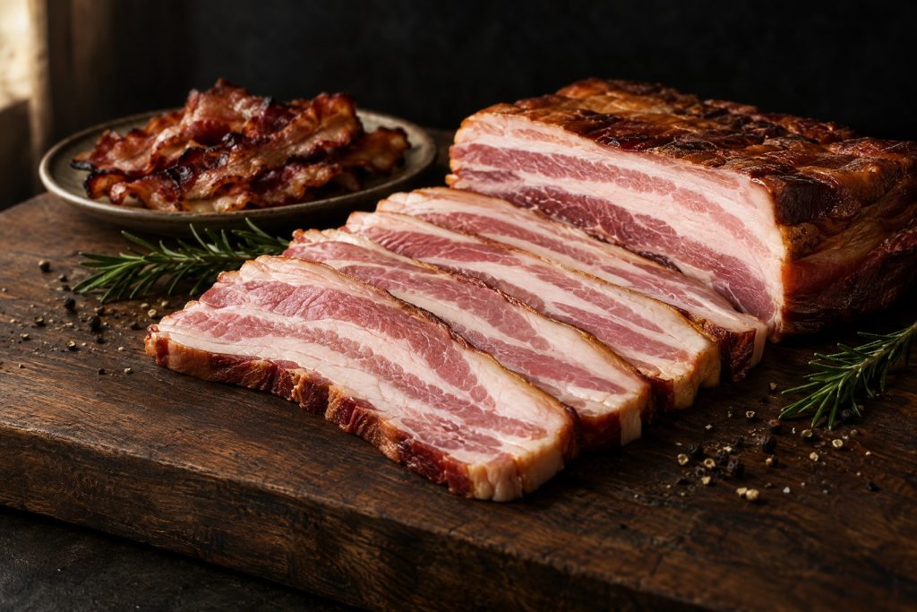 Best uncured bacon: thick cut uncured applewood smoked bacon slices fanned on a dark walnut board