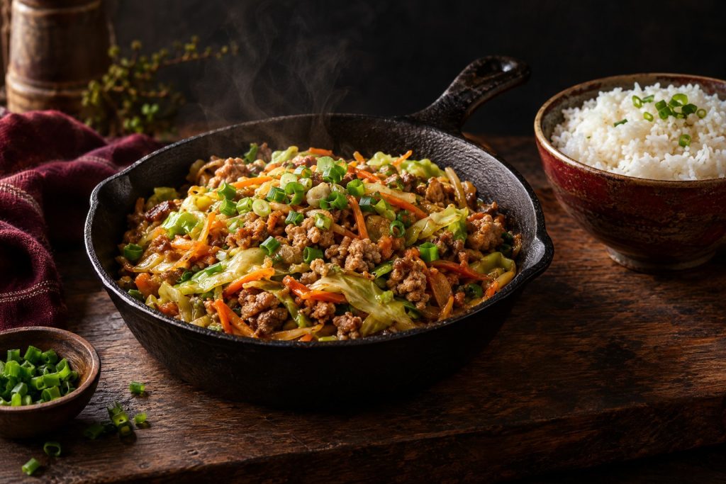 Ground pork recipes: a skillet of ground pork and cabbage stir fry with grated carrot and green onions beside a bowl of rice on a dark walnut board