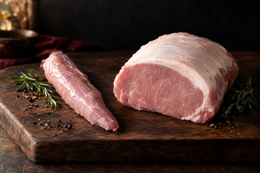 Pork tenderloin vs pork loin: a raw pale pink pork tenderloin beside a larger raw pork loin roast with a white fat cap on a dark walnut board
