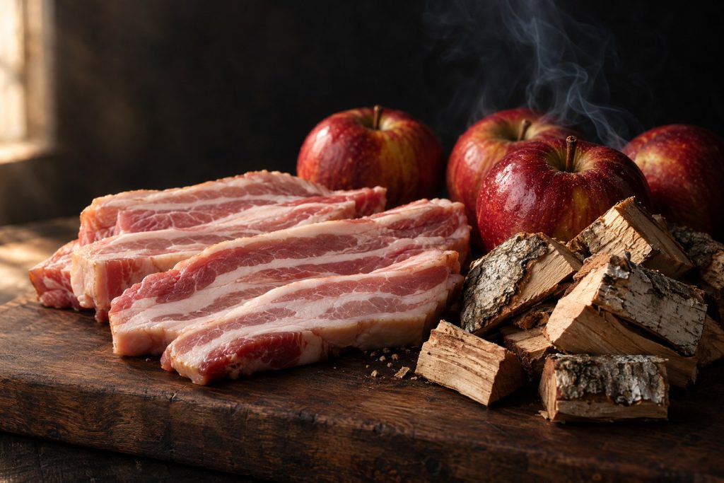 Applewood smoked bacon: thick cut bacon slices beside split wood chunks and red apples on a dark walnut board