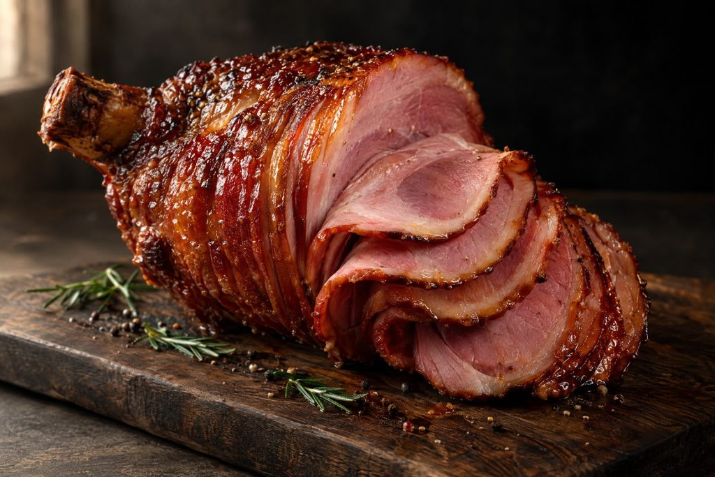 Duroc ham: a whole applewood smoked spiral sliced half ham with a few slices peeled back on a dark walnut board