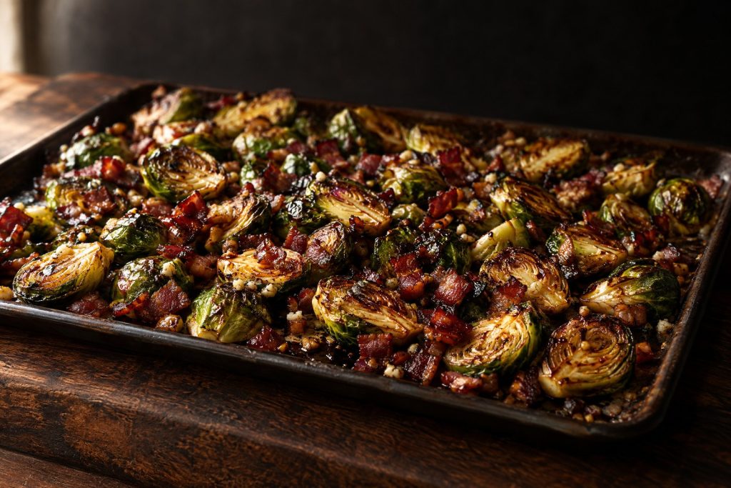 Brussels sprouts with bacon: roasted halved Brussels sprouts with diced bacon and a honey balsamic glaze on a sheet pan on a dark walnut board