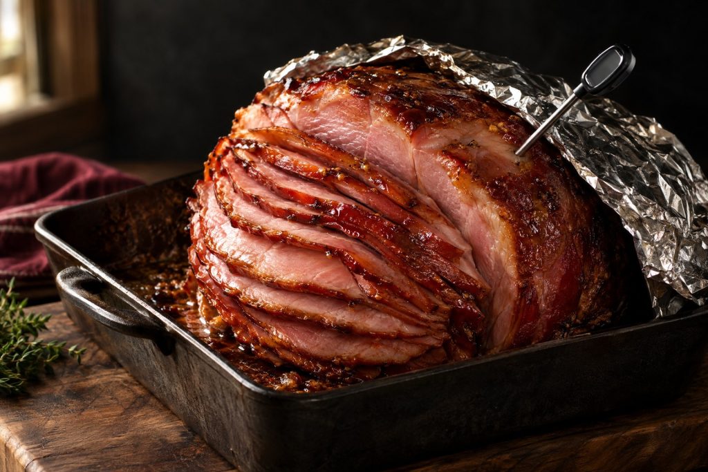 Spiral ham cooking time chart: a foil covered spiral sliced ham in a roasting pan with a meat thermometer on a dark walnut board