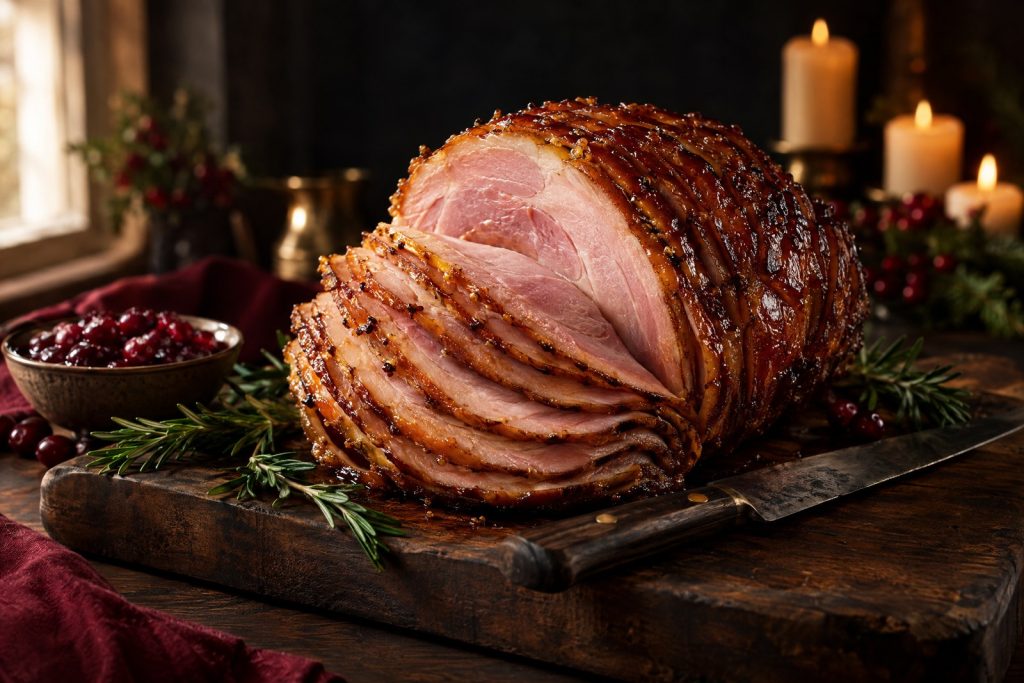 Christmas ham: a glazed spiral sliced ham on a dark walnut board with rosemary, ready to carve for the holiday table