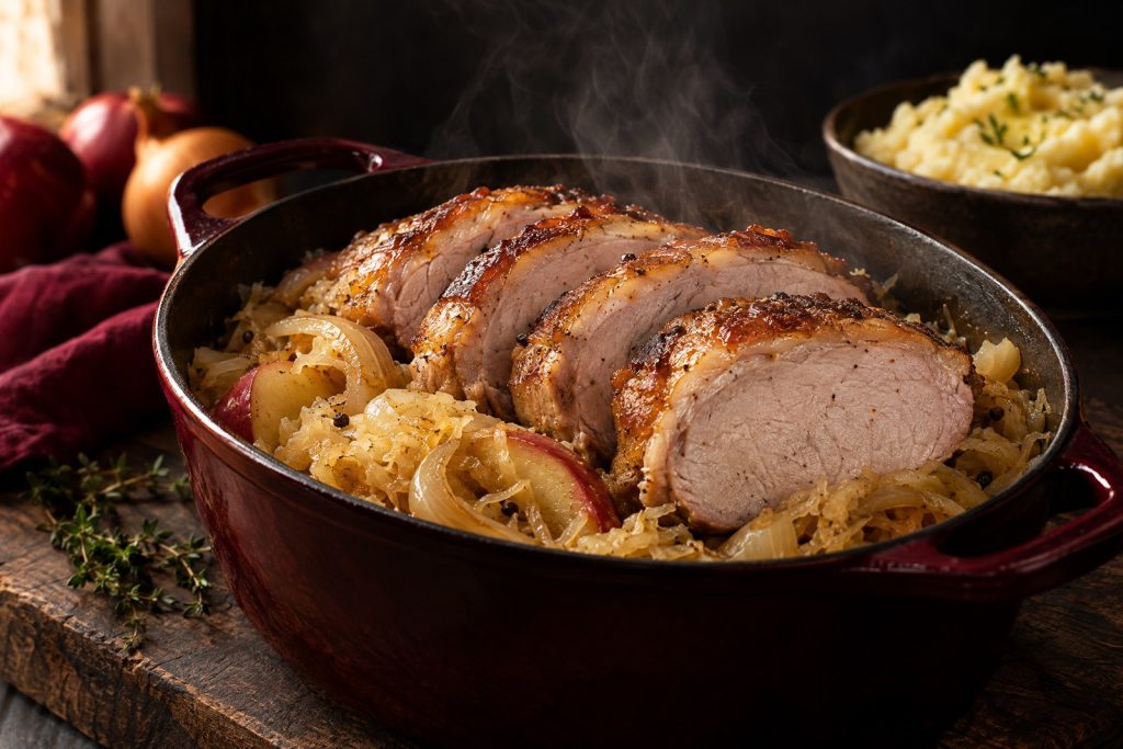 Pork and sauerkraut: sliced pork loin roast over sauerkraut with apple and onion in a pot on a dark walnut board