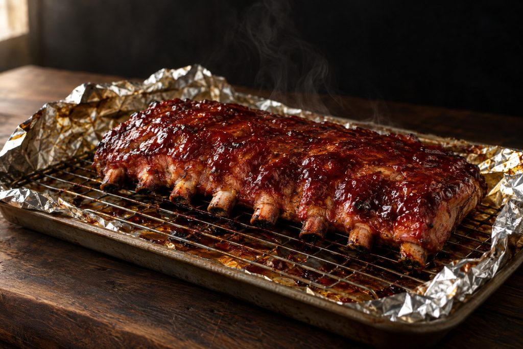 Baby back ribs in oven: a sauced half rack of baby back ribs on a wire rack in a foil lined baking sheet, fresh from the oven
