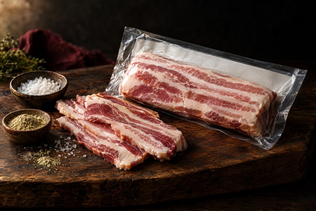 Is uncured bacon healthier: a clear package of thick cut bacon beside small dishes of salt and celery powder on a dark walnut board