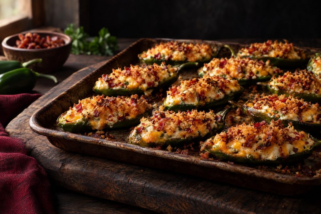 Jalapeno poppers with bacon: baked jalapeño halves filled with cream cheese, cheddar, and crumbled bacon, panko topped, on a dark walnut board