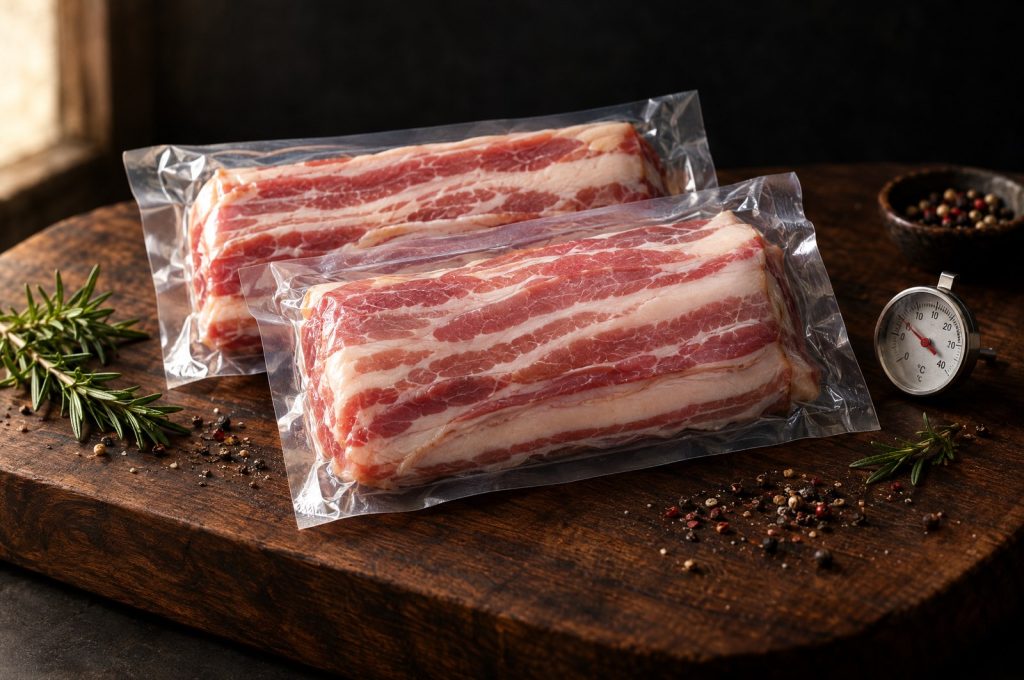 How long does bacon last: clear vacuum sealed packs of raw thick cut bacon on a dark walnut board beside a small dial refrigerator thermometer