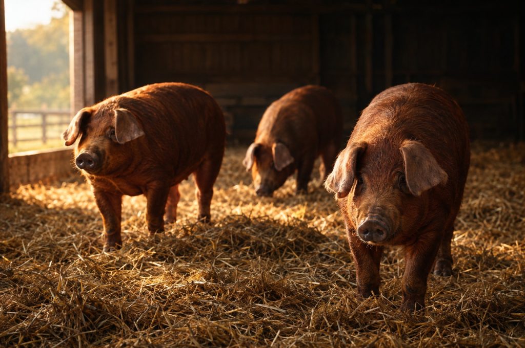 Crate free pork: red hogs with drooping ears standing in an open straw bedded pen in warm side light