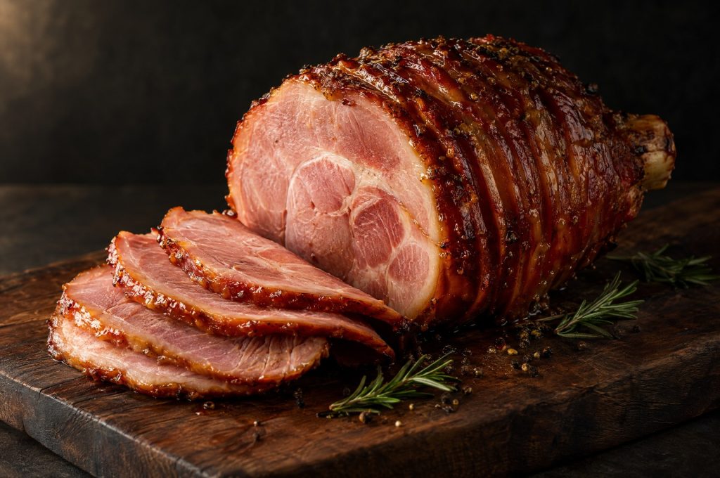 Easter ham: a glazed spiral sliced ham on a dark walnut board with a few slices fanned out and a sprig of rosemary