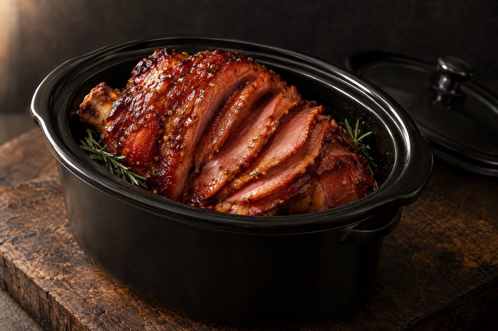 Spiral ham recipes slow cooker: a heated spiral sliced ham resting in an oval slow cooker crock, lid off, on a dark walnut board