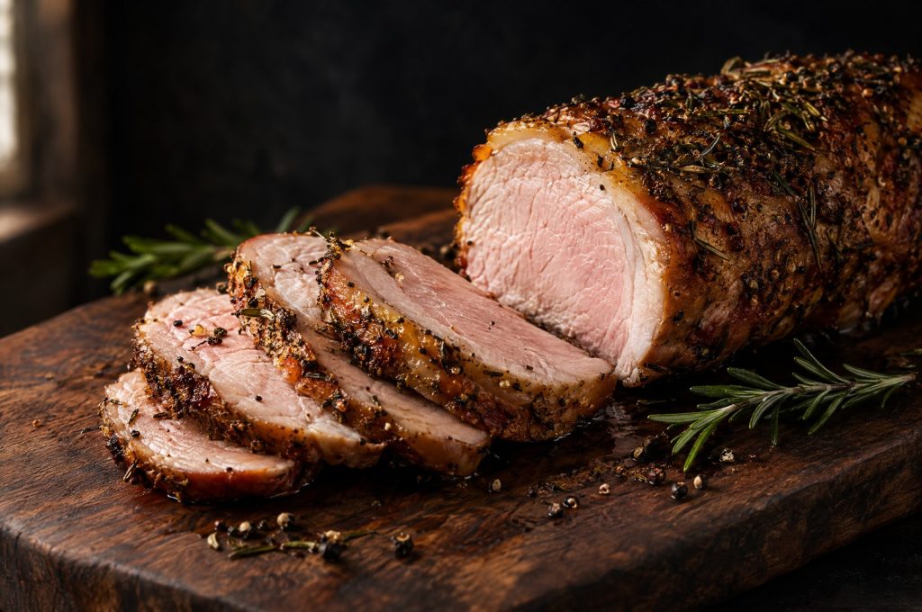 Pork loin roast recipe: a sliced herb crusted pork loin roast with a pale pink center and thin fat cap on a dark walnut board with rosemary