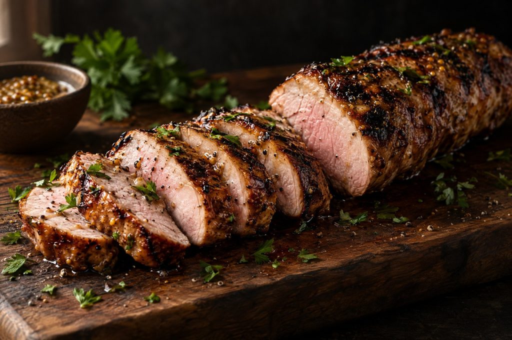 Pork tenderloin marinade: a grilled, sliced pork tenderloin with a dark glaze and chopped parsley on a dark walnut board