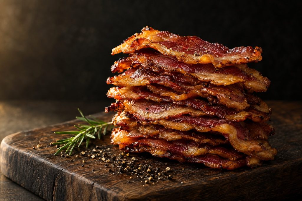 Best bacon in America: a stack of crisp cooked thick cut bacon slices on a dark walnut board in warm amber side light with cracked pepper