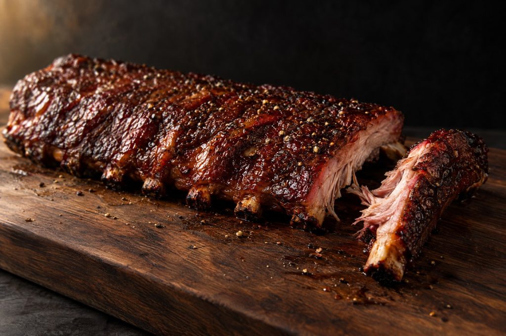 Smoked St. Louis ribs recipe: a smoked St. Louis style rib rack with a dark bark and a light sauce sheen on a dark walnut board, one rib cut away