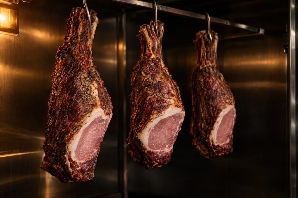 Can you dry age pork: whole pork loins hanging on hooks in a dark commercial dry aging cooler with a dried outer surface