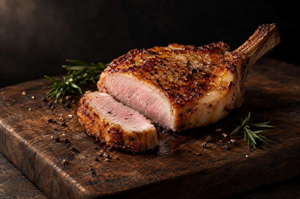 Duroc pork chop: a thick bone in pork chop with a seared crust and pale pink center resting on a dark walnut board with rosemary