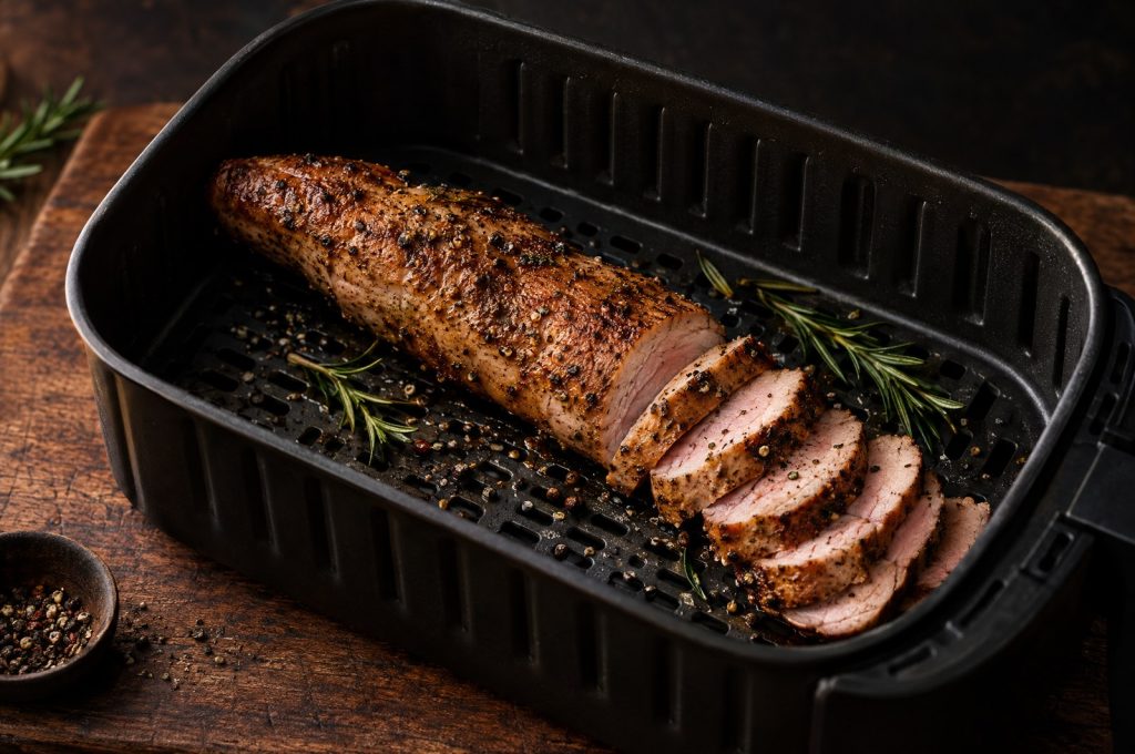 Pork tenderloin air fryer: a whole long, narrow pork tenderloin with a browned crust in a black air fryer basket, the end sliced into medallions