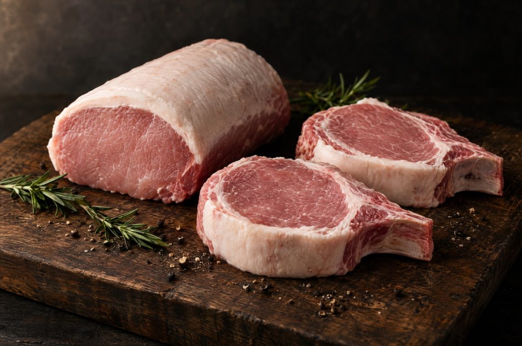 Where to buy heritage pork: raw pork cuts, a loin roast and two thick chops with white fat, on a dark walnut board with rosemary