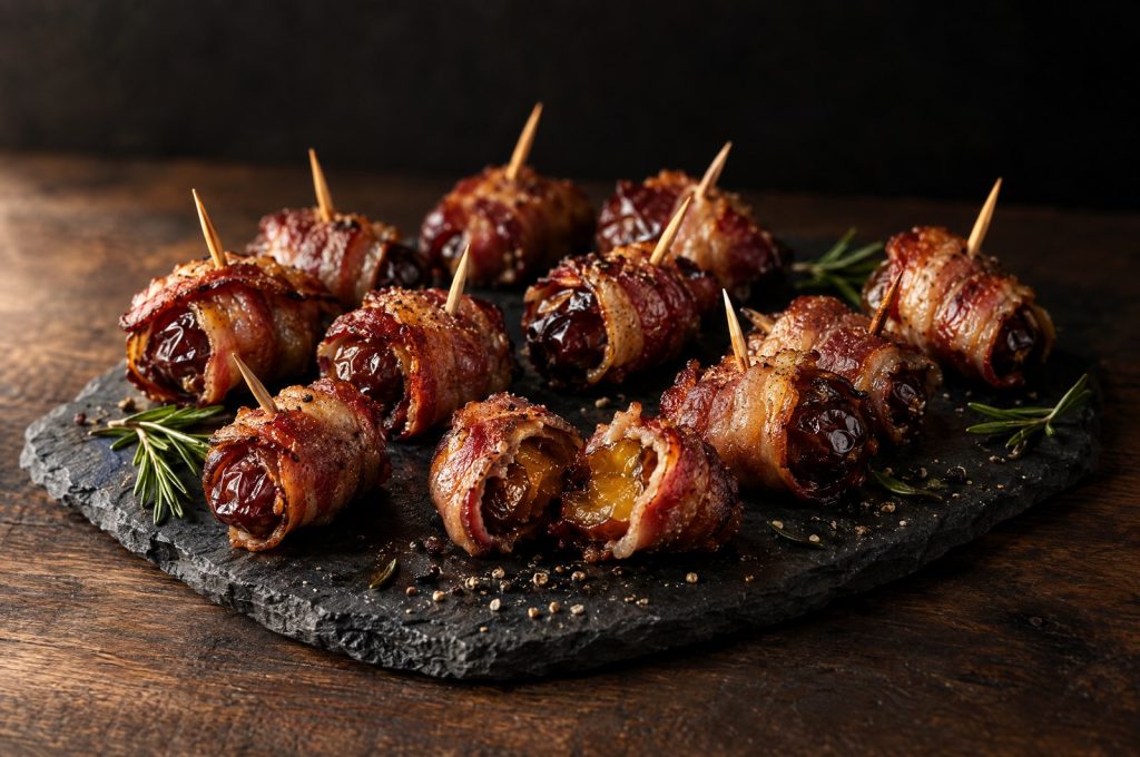 Bacon wrapped dates: pitted dates wrapped in crisp thick cut bacon, held with toothpicks, on a dark walnut board