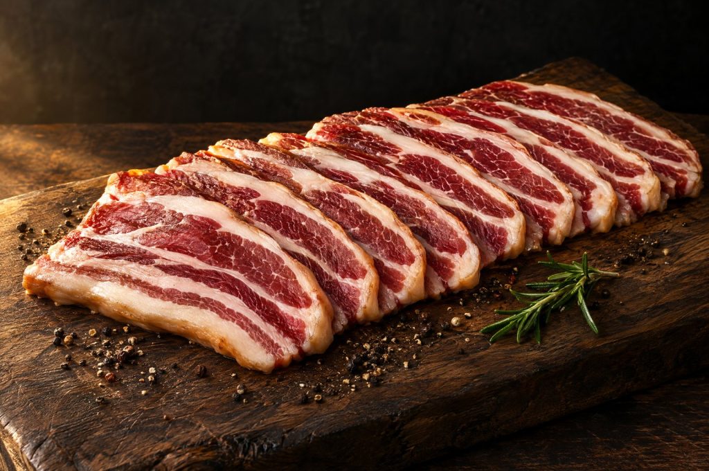 Vande Rose Farms bacon: raw thick cut bacon slices fanned on a dark walnut board in warm amber side light with cracked pepper